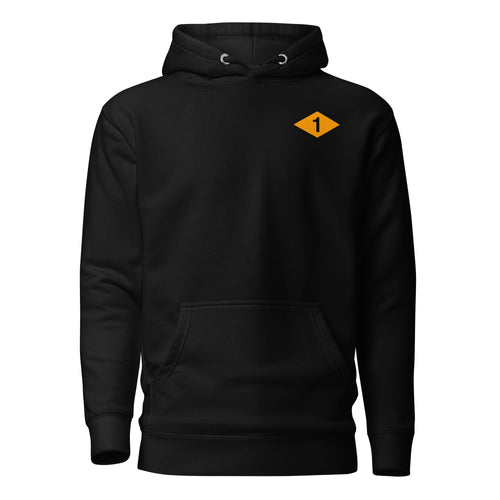 black pullover hoodie with US army rangers 1st battalion ww2 diamond on the left chest
