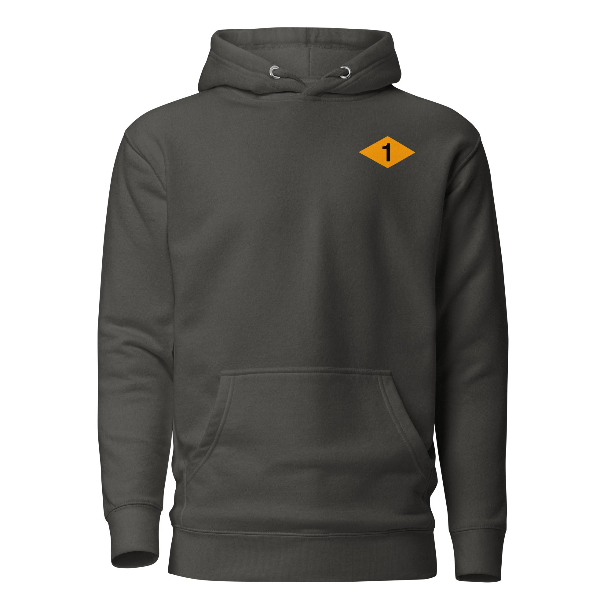 grey pullover hoodie with US army rangers 1st battalion ww2 diamond on the left chest