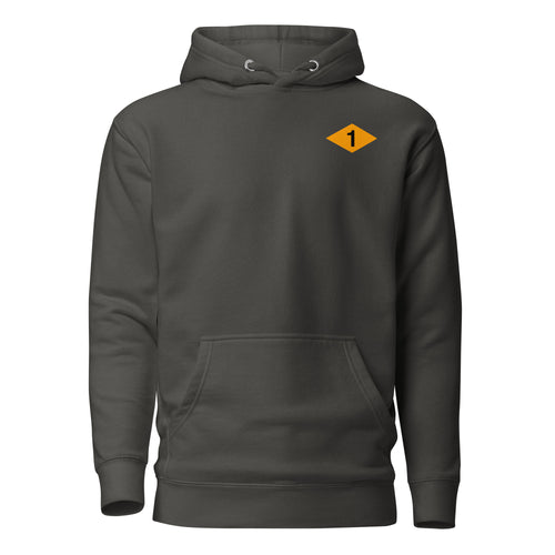 grey pullover hoodie with US army rangers 1st battalion ww2 diamond on the left chest