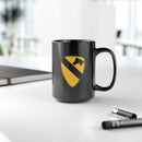 1st cavalry division insignia on a black coffee mug.