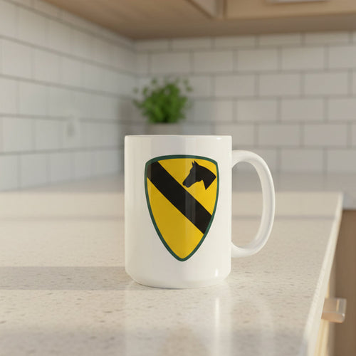 15oz white coffee mug with 1st cavalry division insignia