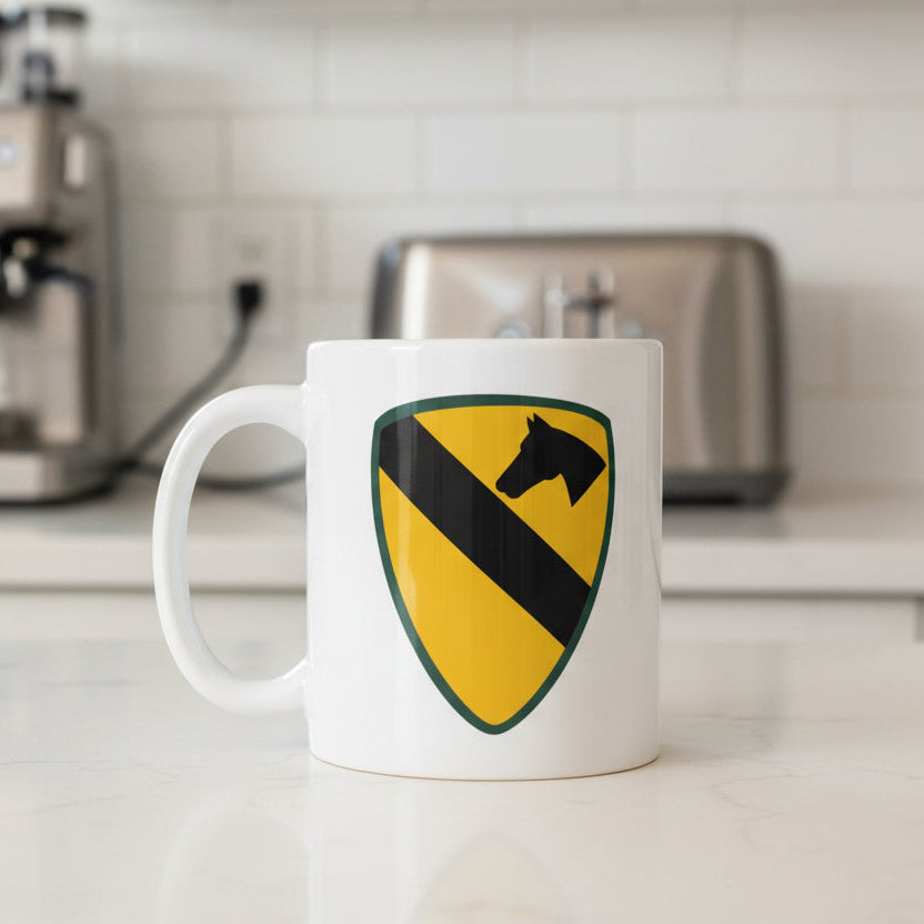 11oz white coffee mug with 1st cavalry division insignia