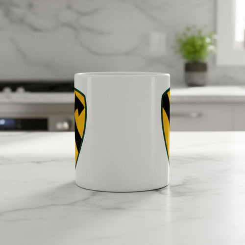 11oz white coffee mug with 1st cavalry division insignia