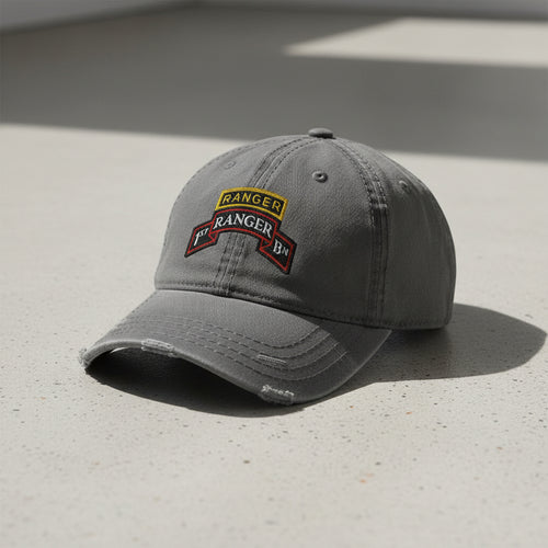 Distressed dad hat with 1st Ranger battalion scroll and Ranger tab