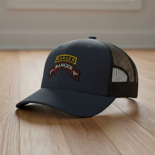 1st ranger battalion scroll and ranger tab on a snapback trucker hat