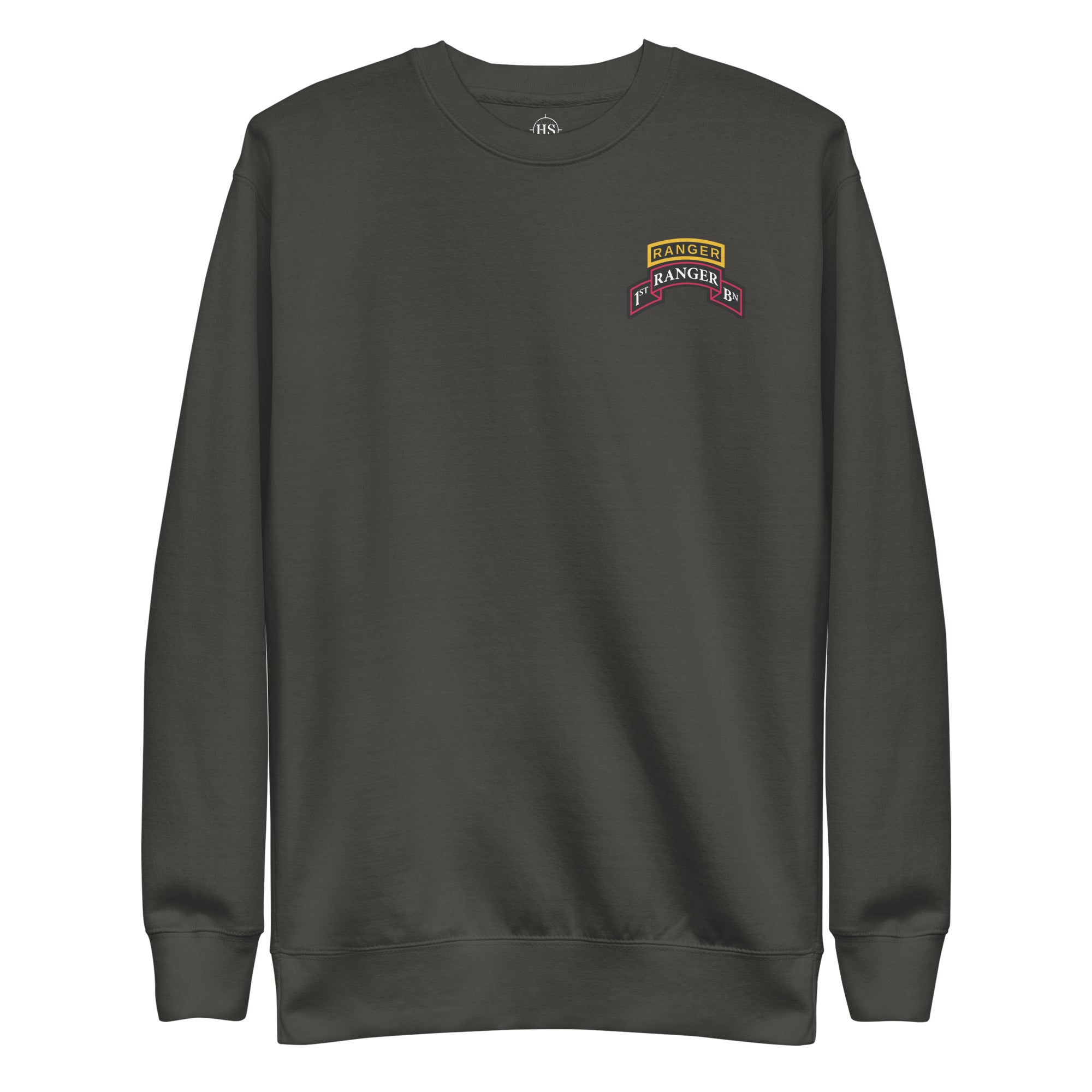 gray sweatshirt with 1st ranger battalion scroll and ranger school tab on the left chest