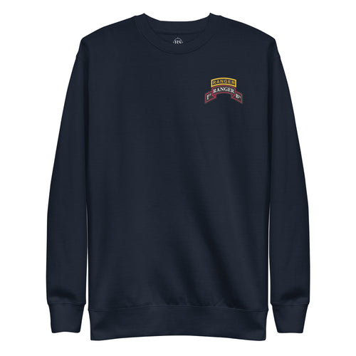 navy sweatshirt with 1st ranger battalion scroll and ranger school tab on the left chest