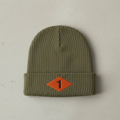 Ribbed knit beanie with 1st ranger battalion world war 2 diamond