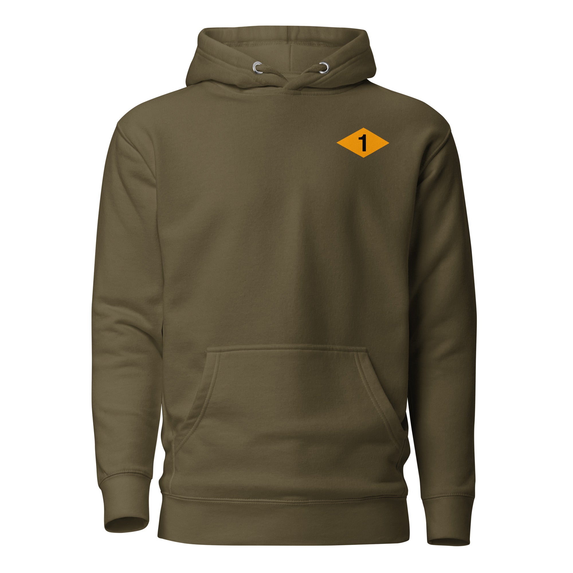 military green pullover hoodie with US army rangers 1st battalion ww2 diamond on the left chest