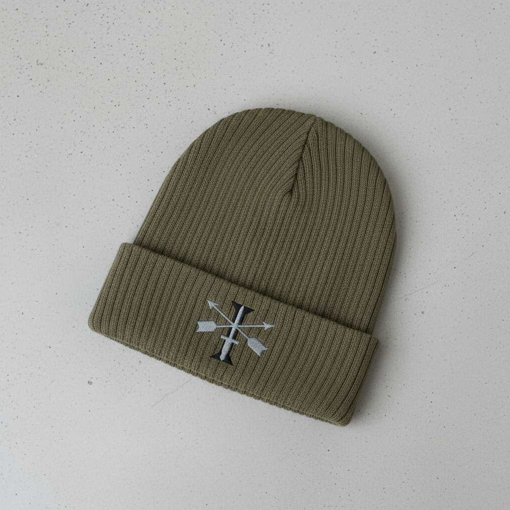 Ribbed knit beanie with 1st special forces group roman numeral design