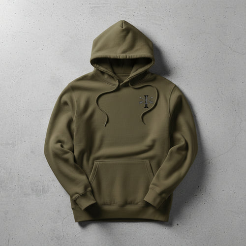 military green hoodie with 1st special forces group insignia on the left chest. 