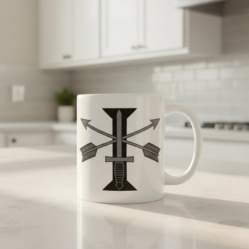 11oz white coffee mug with 1st special forces roman numeral design