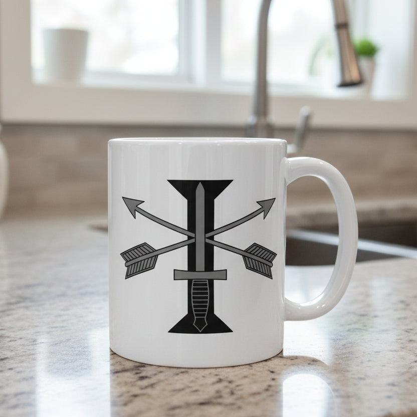 white coffee mug with 1st special forces group roman numeral design