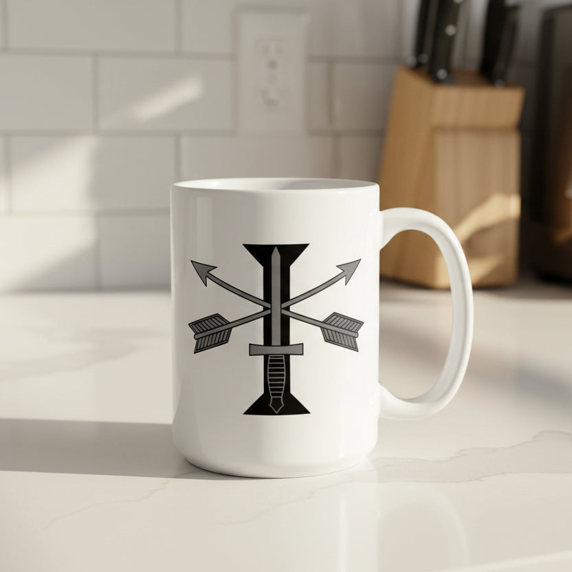 white coffee mug with 1st special forces group roman numeral design