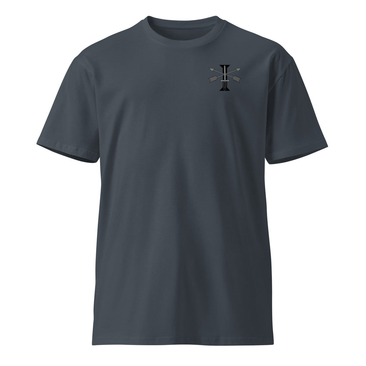 blue t-shirt with 1st special forces insignia on the left chest