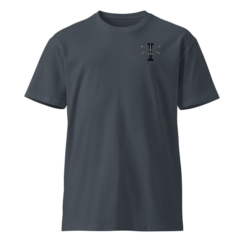 blue t-shirt with 1st special forces insignia on the left chest