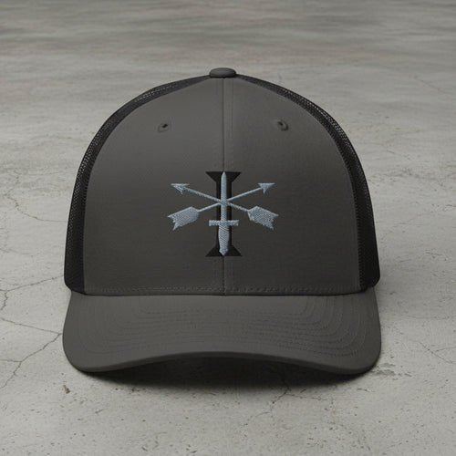 snapback trucker hat with embroidered 1st special forces group insignia and roman numeral design