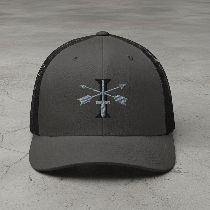 snapback trucker hat with embroidered 1st special forces group insignia and roman numeral design