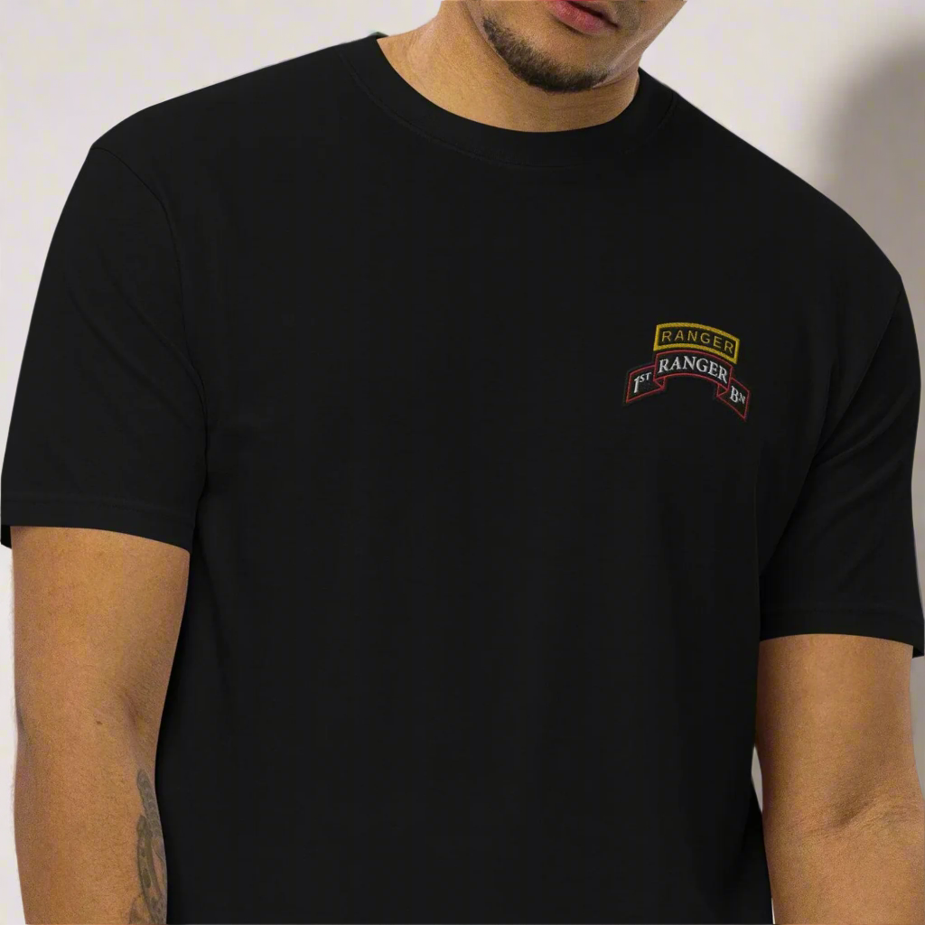 1st ranger battalion embroidered scroll and ranger tab on a men's t-shirt.