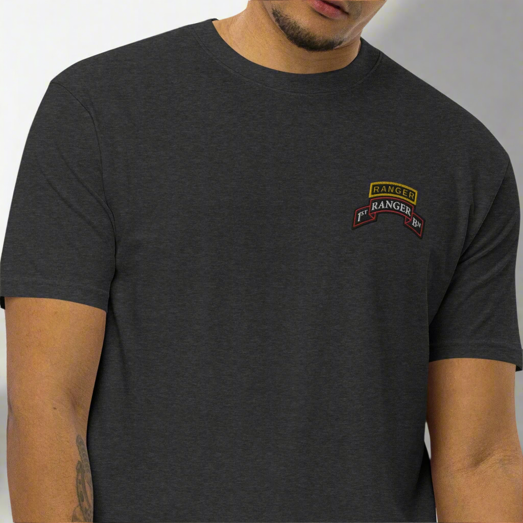 1st ranger battalion embroidered scroll and ranger tab on a men's t-shirt.