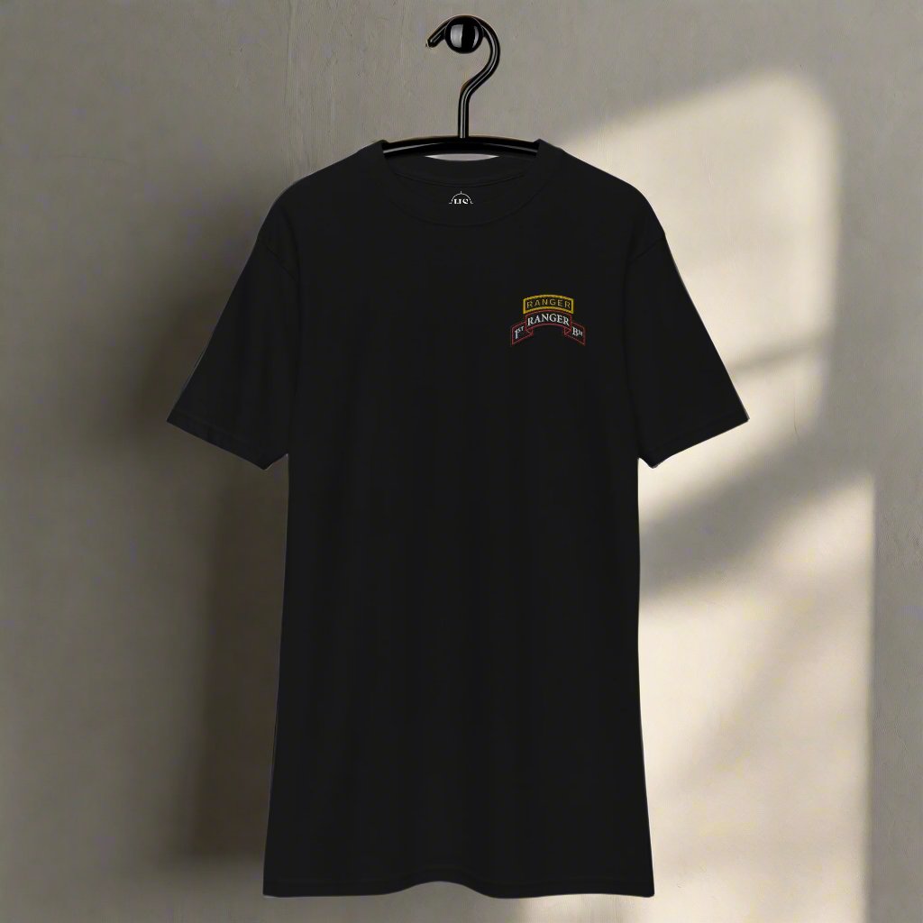 1st ranger battalion embroidered scroll and ranger tab on a men's t-shirt.