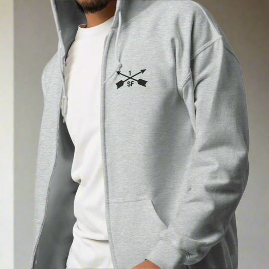 1st special forces hoodie with an embroidered design on the left chest of the crossed arrows.