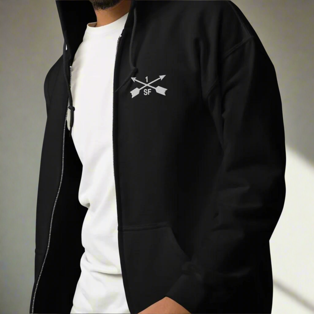 1st special forces hoodie with an embroidered design on the left chest of the crossed arrows.