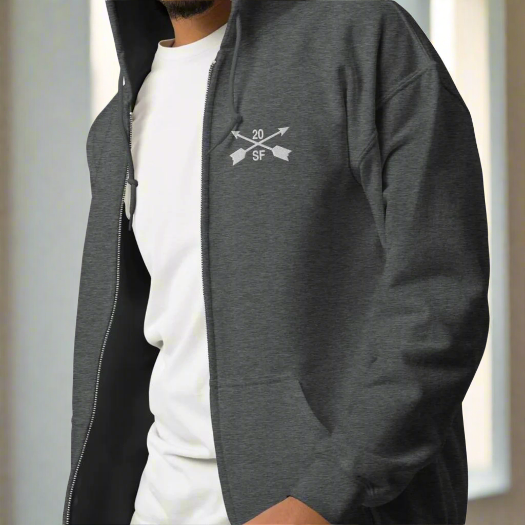 20th special forces hoodie with an embroidered design on the left chest of the crossed arrows.