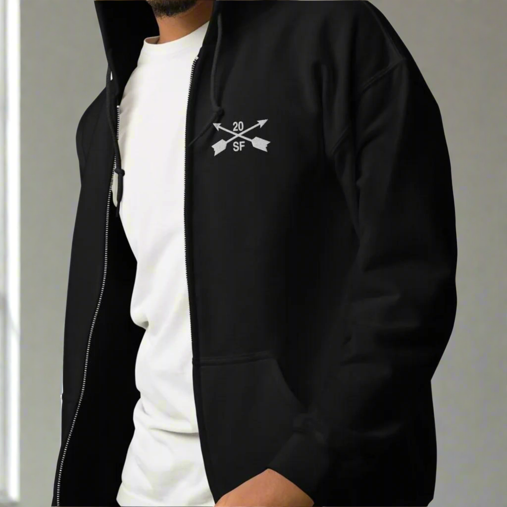 20th special forces hoodie with an embroidered design on the left chest of the crossed arrows.