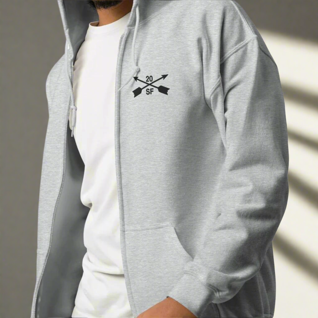 20th special forces hoodie with an embroidered design on the left chest of the crossed arrows.