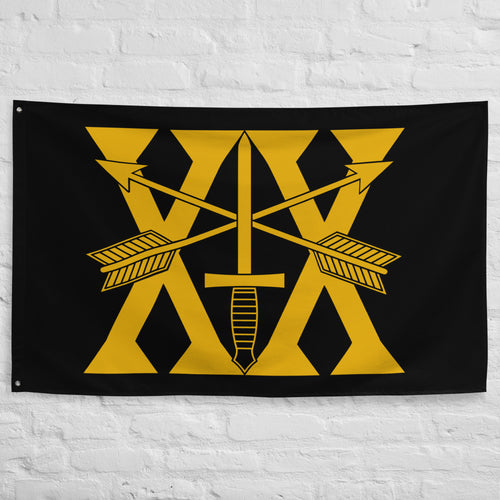 black flag with 20th special forces insignia and roman numeral design