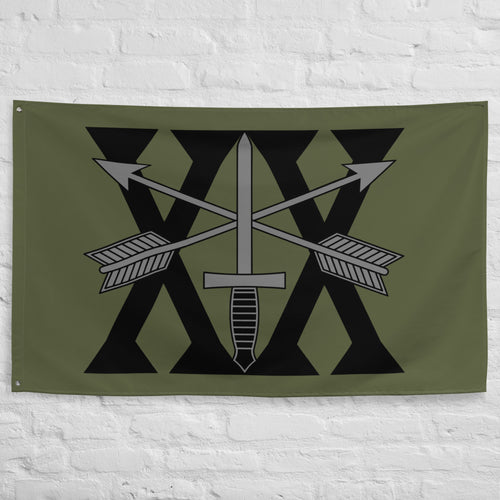 military green flag with 20th special forces insignia and roman numeral design