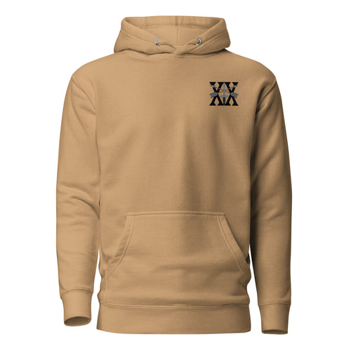 khaki hoodie with 20th special forces insignia and roman numeral design on the left chest. 