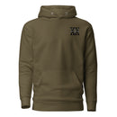 military green hoodie with 20th special forces insignia and roman numeral design on the left chest. 