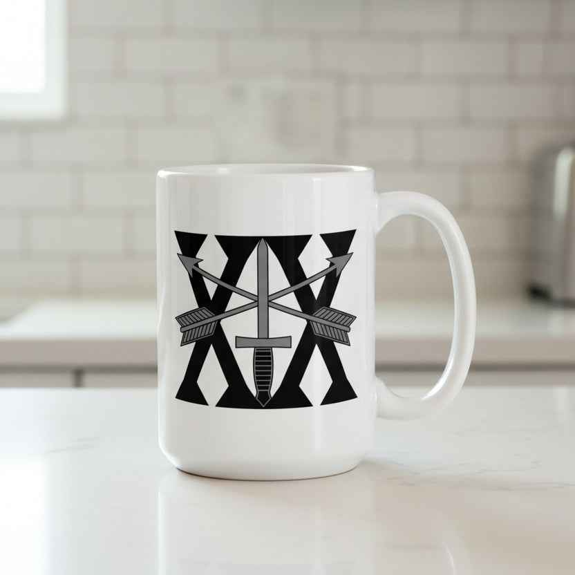 white coffee mug with 20th special forces group roman numeral design