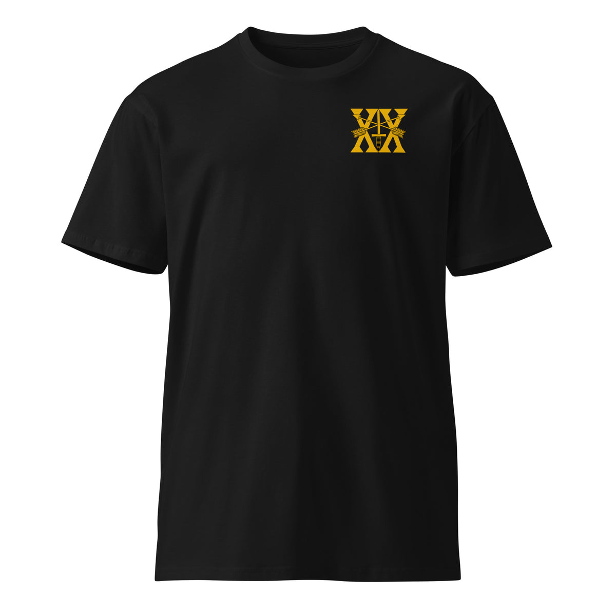 black t-shirt with 20th special forces insignia on the left chest