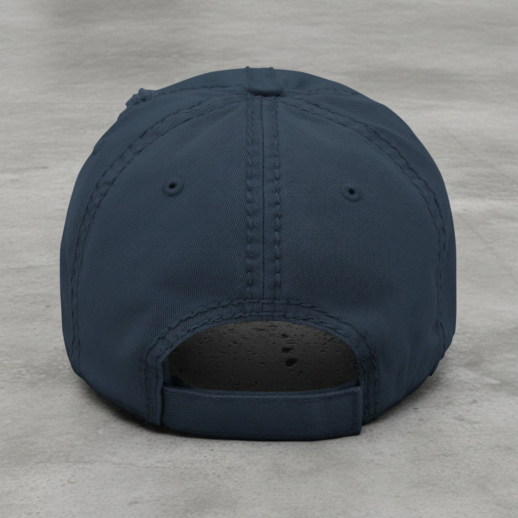 navy distressed dad hat with embroidered "250" inside a circle of stars for america 250th anniversary and 4th of july
