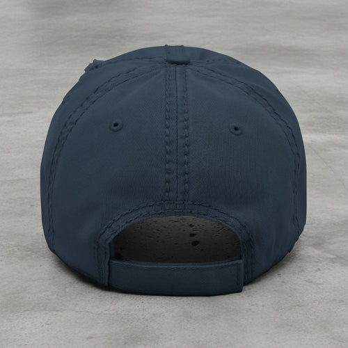 navy distressed dad hat with embroidered "250" inside a circle of stars for america 250th anniversary and 4th of july