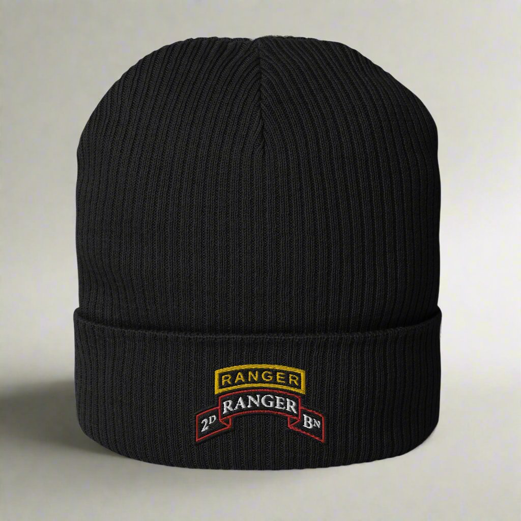 2nd ranger battalion scroll and ranger tab embroidered on our ribbed beanie