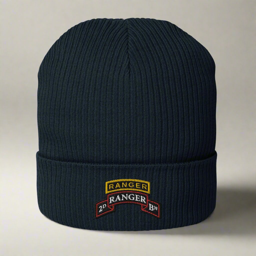 2nd ranger battalion scroll and ranger tab embroidered on our ribbed beanie