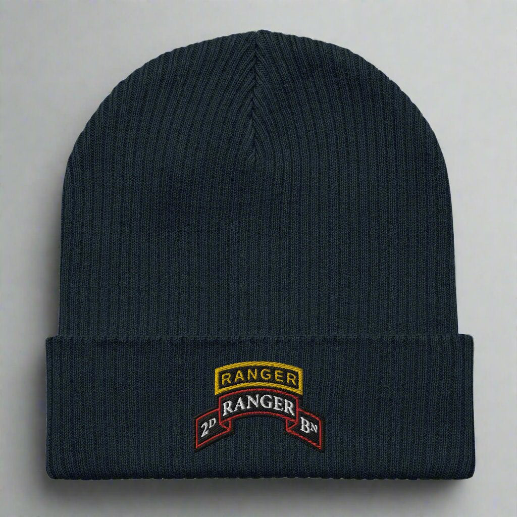 2nd ranger battalion scroll and ranger tab embroidered on our ribbed beanie