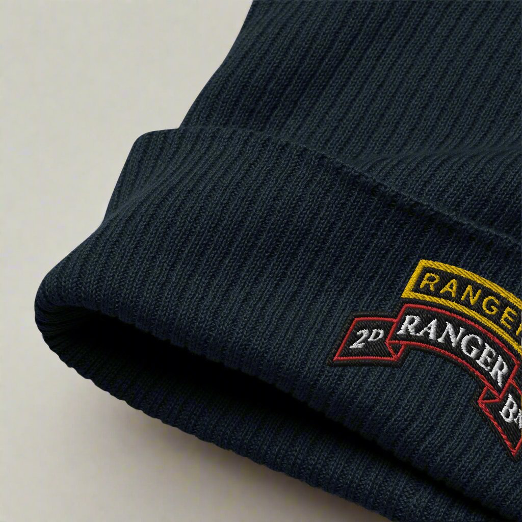 2nd ranger battalion scroll and ranger tab embroidered on our ribbed beanie