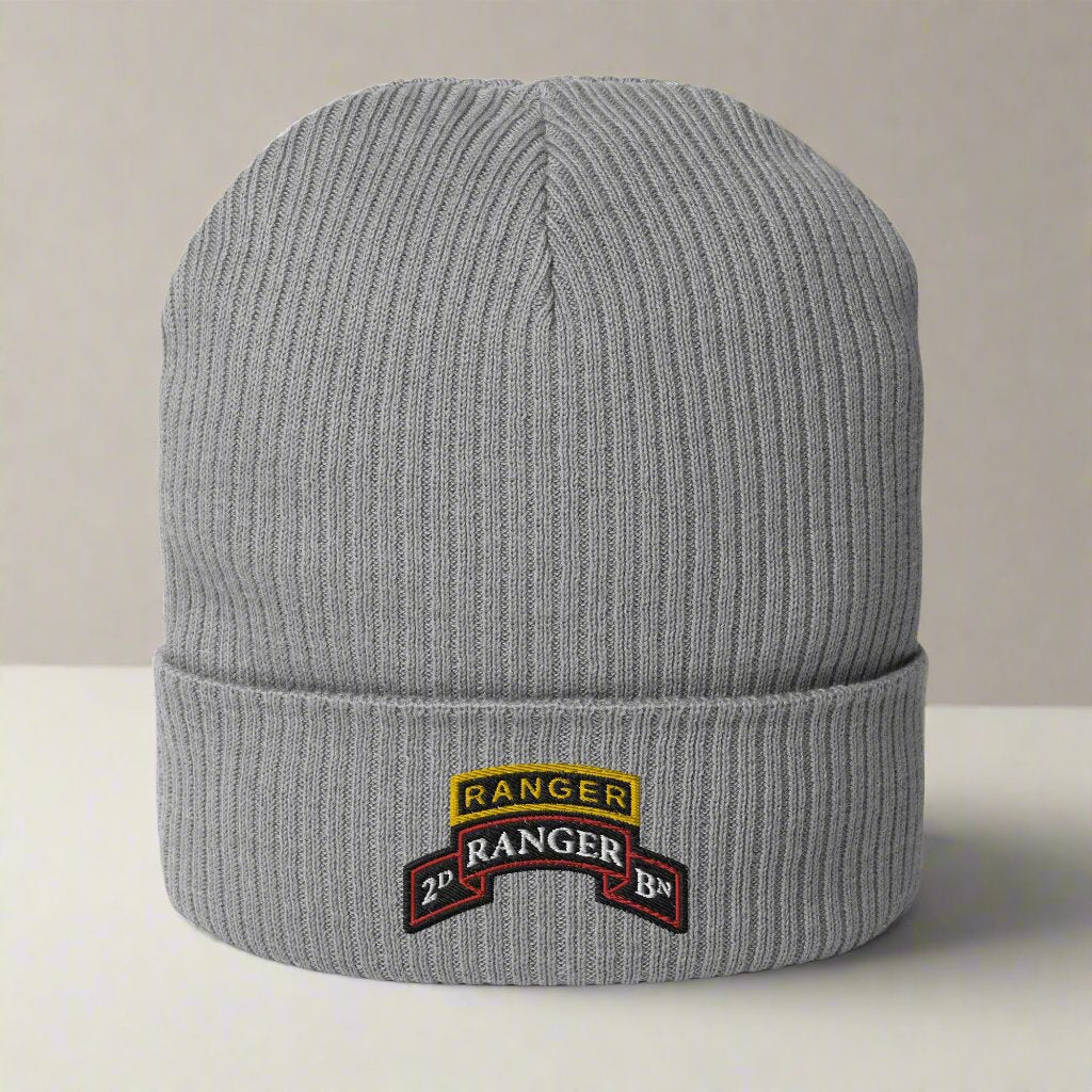 2nd ranger battalion scroll and ranger tab embroidered on our ribbed beanie