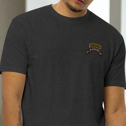 2nd ranger battalion embroidered scroll and ranger tab on a men's t-shirt.