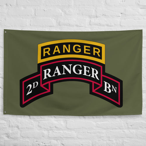 2nd ranger battalion scroll and tab on a black flag.