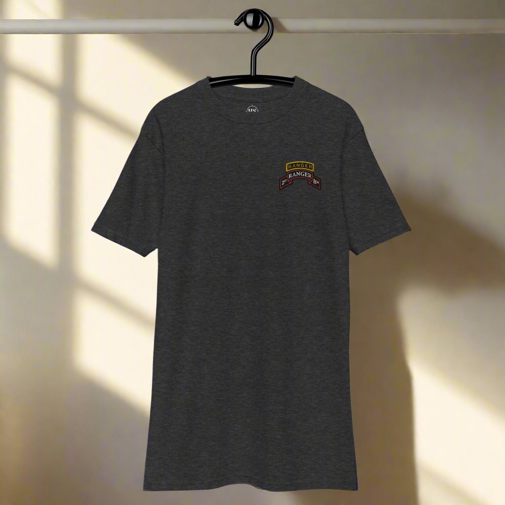 2nd ranger battalion embroidered scroll and ranger tab on a men's t-shirt.