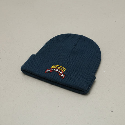 Ribbed knit beanie with 2nd ranger battalion scroll and ranger school tab