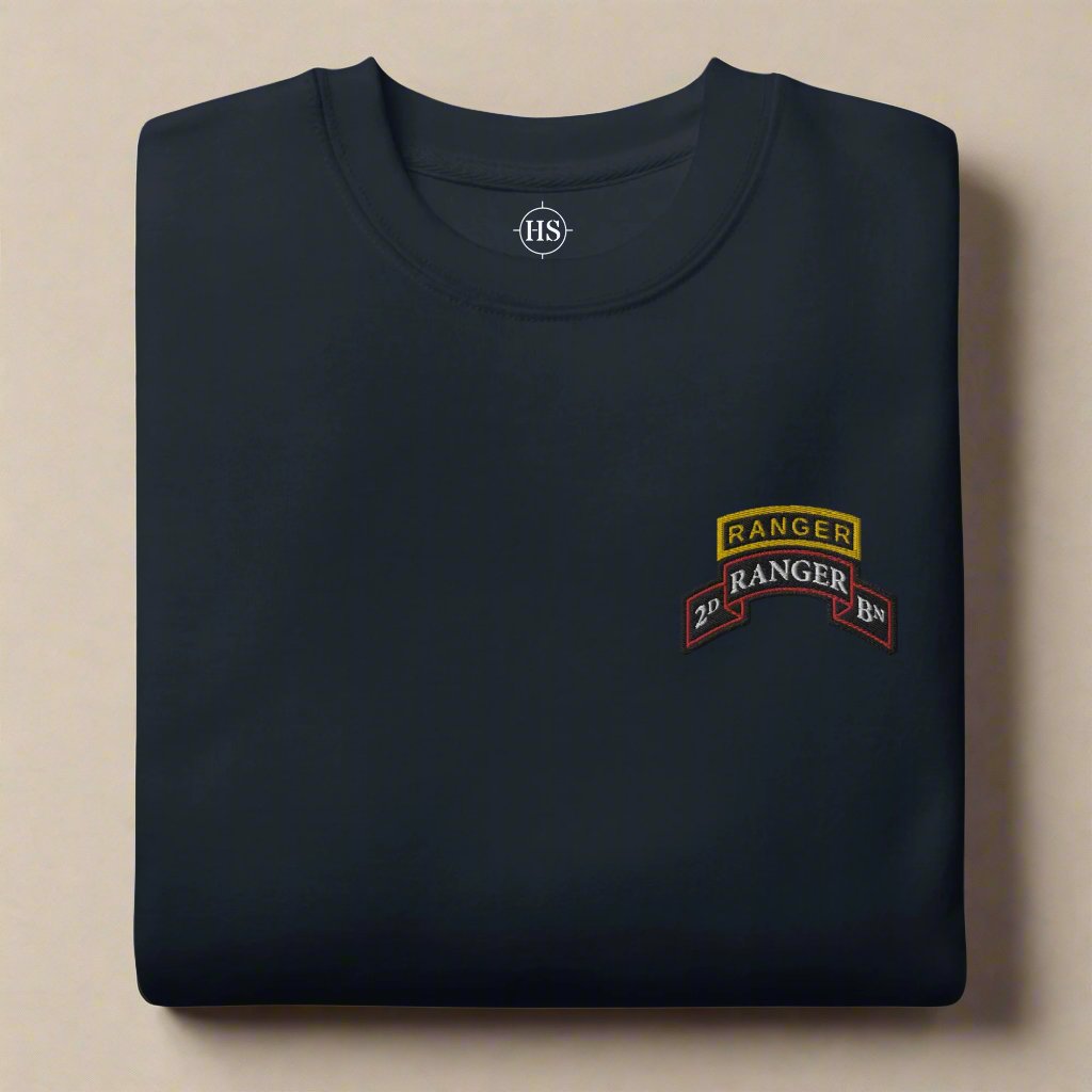 2nd ranger battalion sweatshirt embroidered with scroll and ranger tab