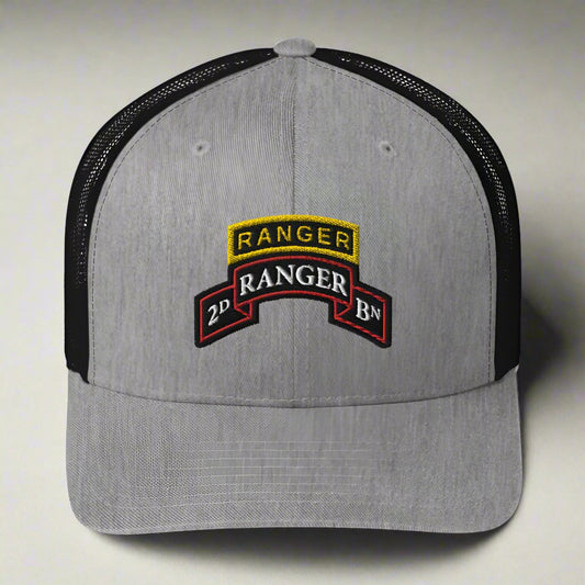 2nd ranger battalion scroll and ranger tab on a snapback trucker hat