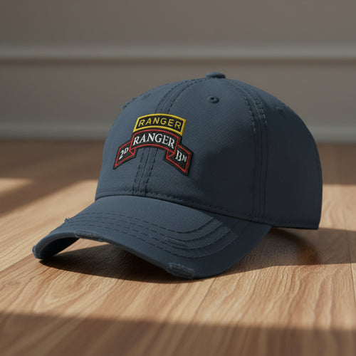 Distressed dad hat with 2nd Ranger battalion scroll and Ranger tab